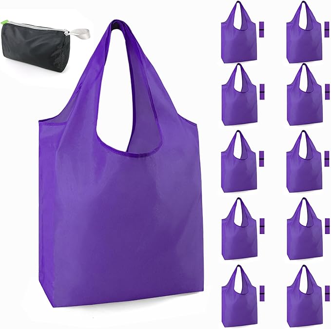 BeeGreen Purple Reusable Shopping Bags for Groceries 10 Pack Reusable Grocery Bags Washable 50LBS Folding with Zipper Carry Pouch Tote DIY Gift Bags Durable Polyester