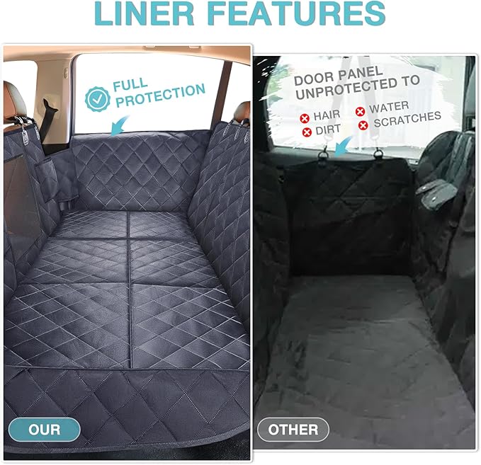 Back Seat Extender for Dogs + 2 Dog Seat Belts, Waterproof Heavy Duty Hard Bottom Car Seat Cover for Dogs with Door Protector Cover & Mesh Window | Dog Hammock for Car Pet Seat Protector for Car/SUV
