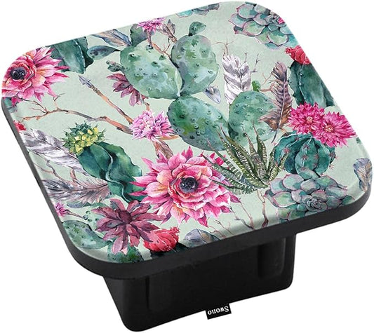 Swono Cactus Trailer Hitch Covers, Green Cactus Bloom Rose Flower Feathers Arrows Cute Hitch Covers Fits 2 Inch Receiver, Rubber Receiver Tube Hitch Plug for RV SUV Trucks and Cars