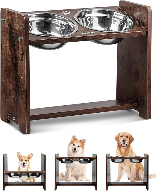 Elevated Dog Bowls, Adjustable Raised Dog Bowl Stand for Medium Size Dogs and Cats, Durable Bamboo Dogs Feeder with 2 Stainless Steel Bowls and Non-Slip Feet, Pet Food Bowl for Medium Sizes