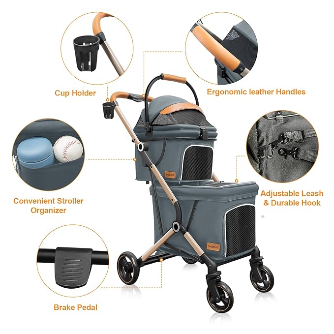 Double Dog Stroller for Small & Medium Pets - 4 Wheel Jogger with Detachable Cat Carriage, Dog Strollers Spacious Storage Basket and One-Button Foldable Design