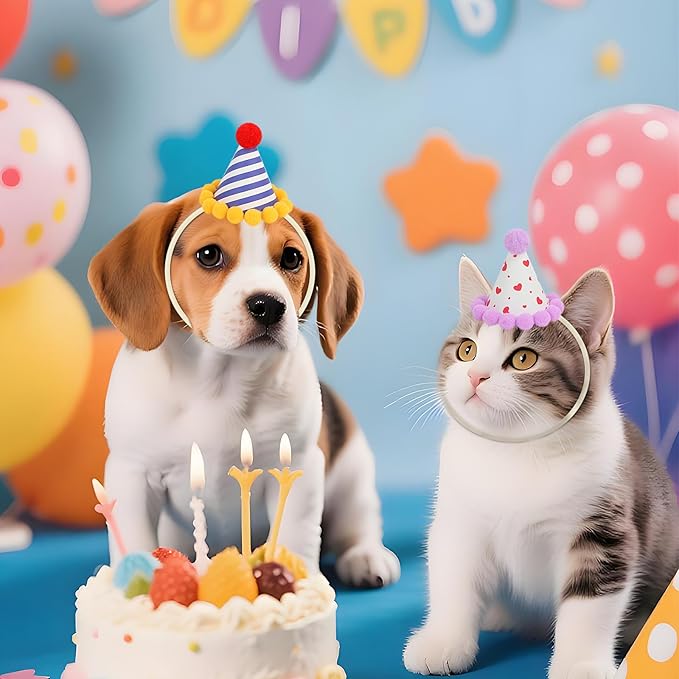 12 Pack Mini Party Hats for Stuffed Animals, Mini Hats with Pom Poms Dog Birthday Party Hats for Dolls Dog Cat Pet Birthday Decoration