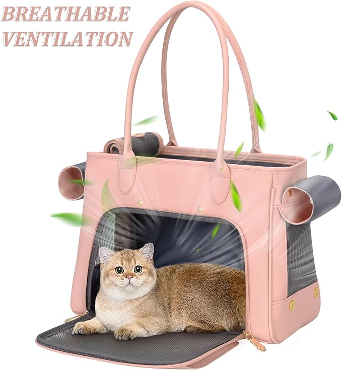 Minsong Fashion Pet Carrier Purse for Small Cat and Dog, Luxury Pu Soft-Sided Tote Bag with Large Pockets for Dogs and Puppies (Pink, 15.8" L x 7.5" W x 11.8" H)