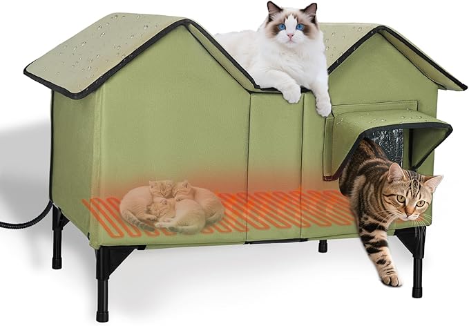 Extra Large Heated Cat House for Outside in Winter, Elevated Heated Outdoor Cat House Weatherproof with Heating pad, Insulated Outdoor Cat Shelter for Multiple Cats Small Dogs(Green)