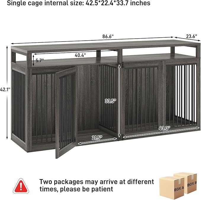 87In Farmhouse Dog Crate TV Stand, Wooden Dog Kennel Furniture with 2 Doors, Large Dog Crate Furniture for 2 Dogs, Solid Metal Tube & 4 Lockable Doors, Grey