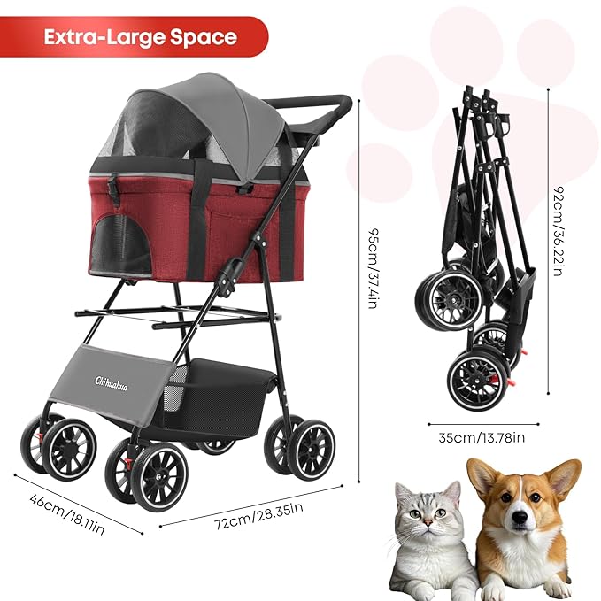 2-in-1 Foldable Pet Stroller with Canopy, 4 Wheels Pet Strolling Cart for Small/Medium Dogs and Cats with Removable Carrier,Breathable Mesh,Mom Tote Bag,Cup Holders,Easy Assembly,Grey+Red