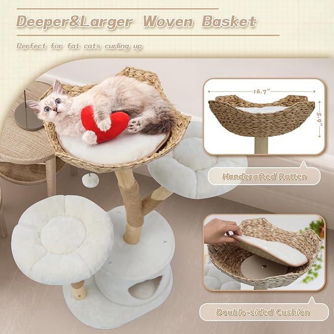 MOLACHI Modern Cat Tree Tower, 41in Tall Real Solid Wood Cat Tree for Indoor Big Cats, Plush Multi-Level Cat Condo with Sisal-Covered Scratching Posts, Dangling Ballor Fun Play, Ideal Pet Gift