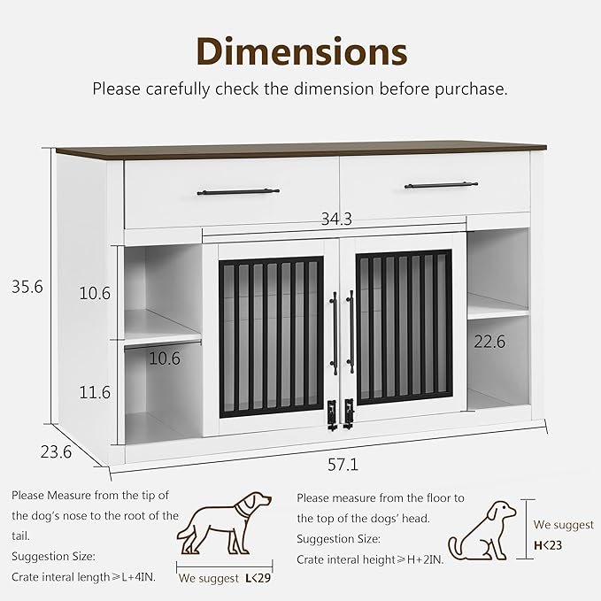 Lovupet Wooden Dog Crate Furniture, Pet House End Table with Large Drawers, Pet Crate for Small/Medium Dogs 1858 (White and Brown)