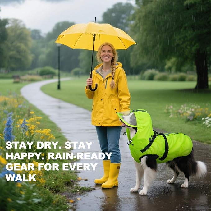 Dog Raincoat for Extra Large Dogs with Hood, Waterproof Dog Rain Jacket with Adjustable Built-in Harness & Back Zipper, Reflective Strip, for Rainy Walks, Muddy Roads - Fluorescent Green XXXXL