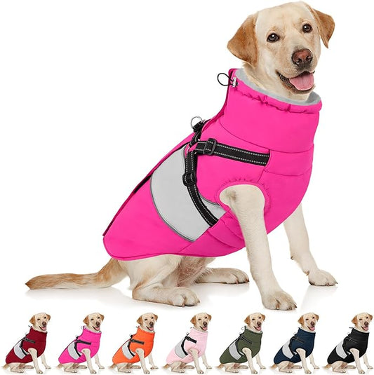 AOFITEE Dog Winter Coat, Dog Coat with Harness Built in, Dogs Jacket for Large Dogs, Reflective Waterproof Pet Puffer Jacket Snowsuit, Warm Fleece Windproof Pet Sweater for Cold Weather, XL