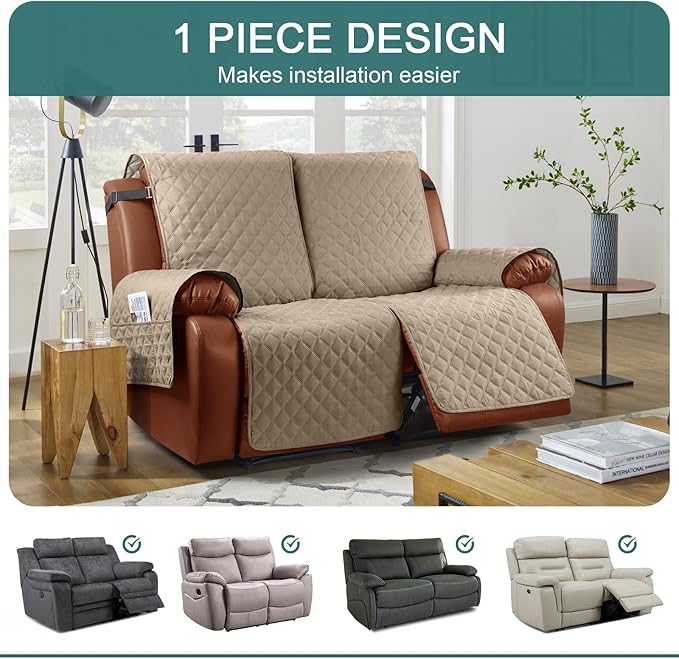Ruaozz Waterproof Recliner Sofa Cover 1-Piece Couch Covers for Reclining Couches Reclining Sofa Cover Washable Furniture Protector with Elastic Straps Pocket for Kids, Pets (Khaki, 2 Seater)