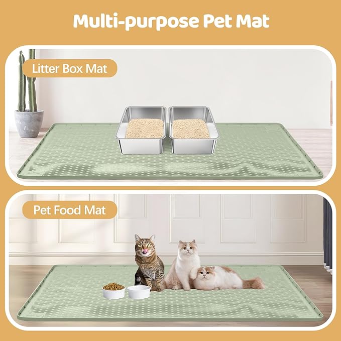 Cat Food Mat, 57" x 40" Extra Large Silicone Pet Feeding Mat with Raised Edge Pet Placemat for Food and Water Bowl Non-Slip, Easy to Clean, Floor Protection (Green)