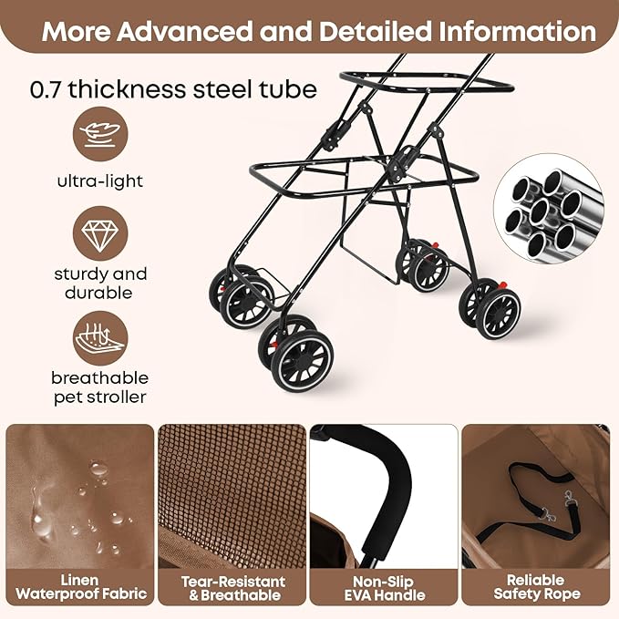 Double Pet Stroller for Dogs and Cats,Cat Strollers for 2 Cats,Double Dog Stroller for 2 Small Medium Dogs,4 Lockable Wheels/Lightweight/Folding,Khaki