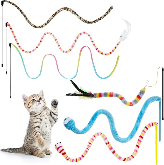 6 Pieces Cat Toys Interactive Cat Wand Toys with Feather and Bell Safe Teaser Catcher Stick Toy Colorful and Sounding Christmas Wand for Cats Kittens Training Pets Exerciser