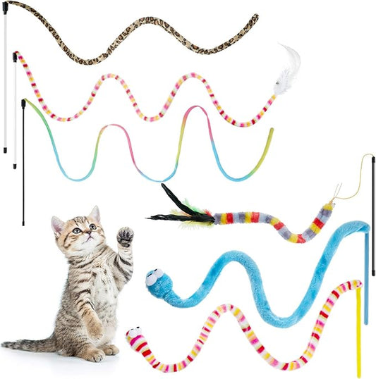 6 Pieces Cat Toys Interactive Cat Wand Toys with Feather and Bell Safe Teaser Catcher Stick Toy Colorful and Sounding Christmas Wand for Cats Kittens Training Pets Exerciser