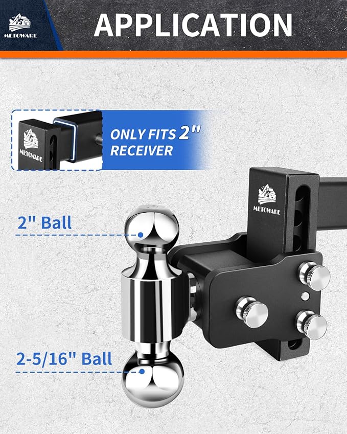 METOWARE Adjustable Trailer Hitches Fits 2-Inch Receiver - Adjustable Ball Mount with 4-Inch Drop/Rise (12,500 LBS GTW) - Dual Ball (2'' x 2-5/16'') and Anti-Theft Stainless Steel Trailer Lock