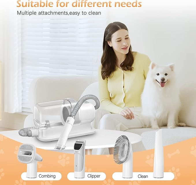 Grooming Kit with 2.3L Vacuum Suction 99% Pet Hair, Pet Grooming Vacuum Low Noise with 5 Tools and 4 Different Lengths Clipper Guards for Dog Cat (White)