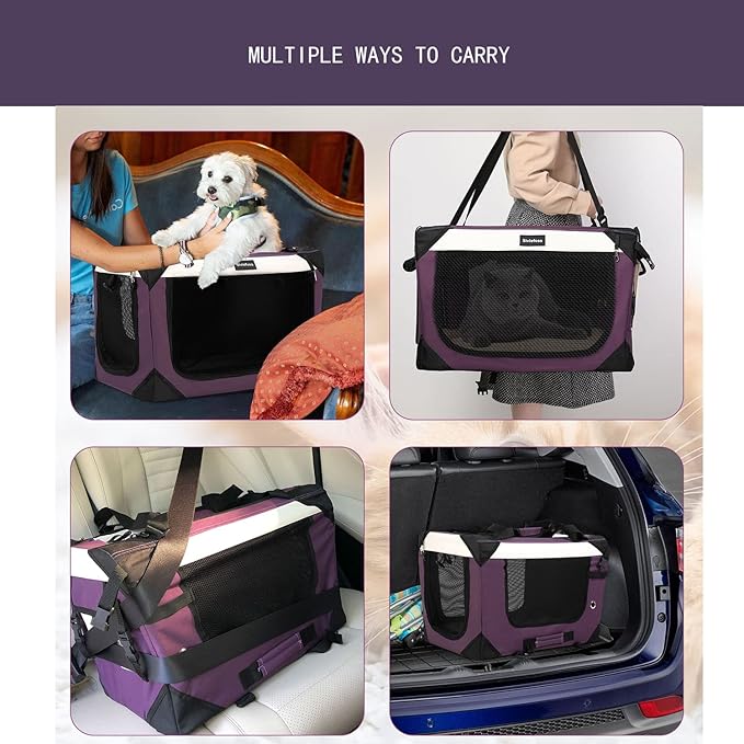 Collapsible Dog Travel Crate,Portable Soft-Sided Pet Carrier Extra Large Cat Carrier with Soft Plush Plush Mat for Indoor and Outdoor,28x20x20in,Purple