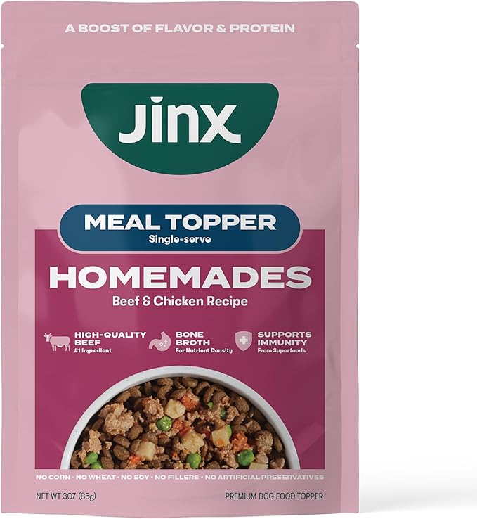 Jinx Beef Wet Dog Food Pouches, Meal or Dog Food Topper Mix-in, Made with Real Beef & Chicken, Bone Broth, No Fillers - Puppy, Adult, Senior, 3oz, 8 Pack