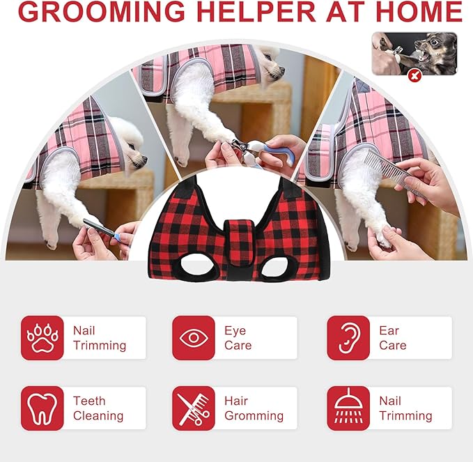 BEAUTYZOO Dog Grooming Hammock Harness for Nail Trimming - Adjustable Pet Restraint Sling for Small Medium Large Dogs/Cats -Secure Hanging Holder for Nail Clipping & Grooming (Christmas Buffalo Plaid)