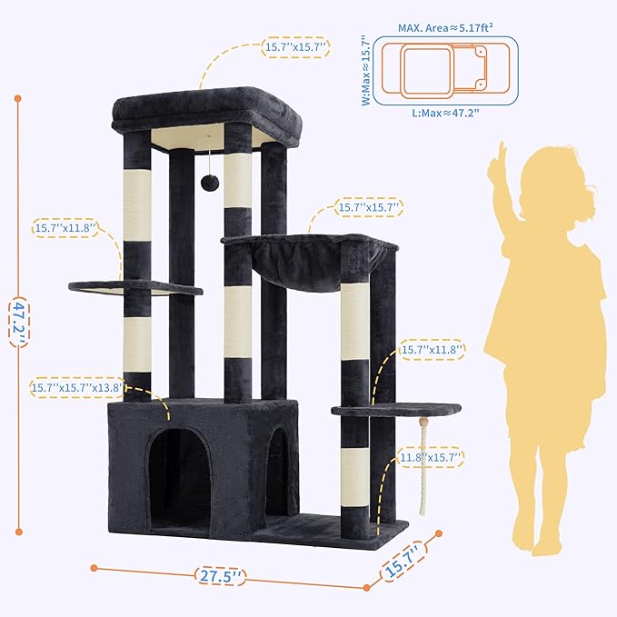 Heybly Heavy Duty Cat Tree, Tower for Indoor Cats large adult, Tall Cat Condo House with Extra-Large Baseboard, Multi-Level Plush Furniture with Scratching Posts, Hammock,Toy Balls, Smoky Gray HCT026G