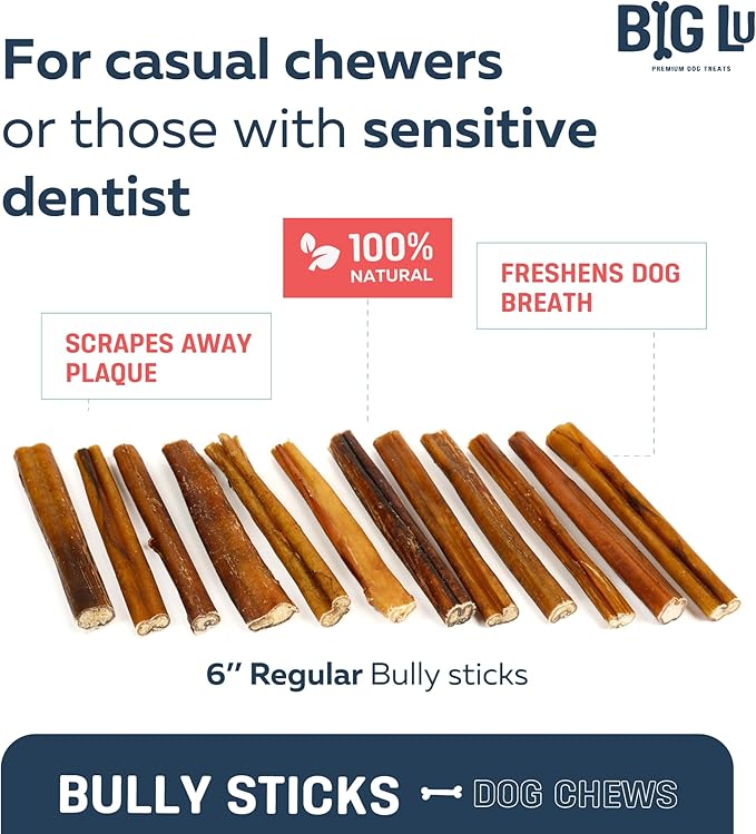 Big Lu - 6” Regular Bully Sticks, 12 Count, 100% Grass-Fed Beef Chews, Fully Digestible, Long-Lasting Treats for Aggressive Chewers, Natural Single-Ingredient Chews for All Dog Breeds