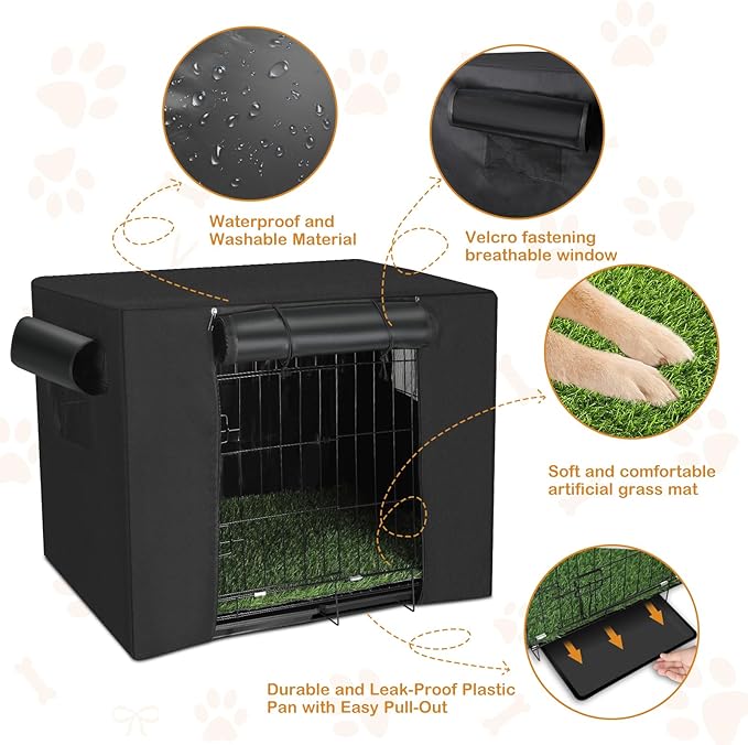 Dog Crates Kit with Artificial Grass and Dog Crates Cover, 27 Inch Double Door Collapsible Metal House for Dogs and Cats, Dog Cage with Leak-Proof Pan Tray, Travel, Indoor and Outdoor Dog Kennel
