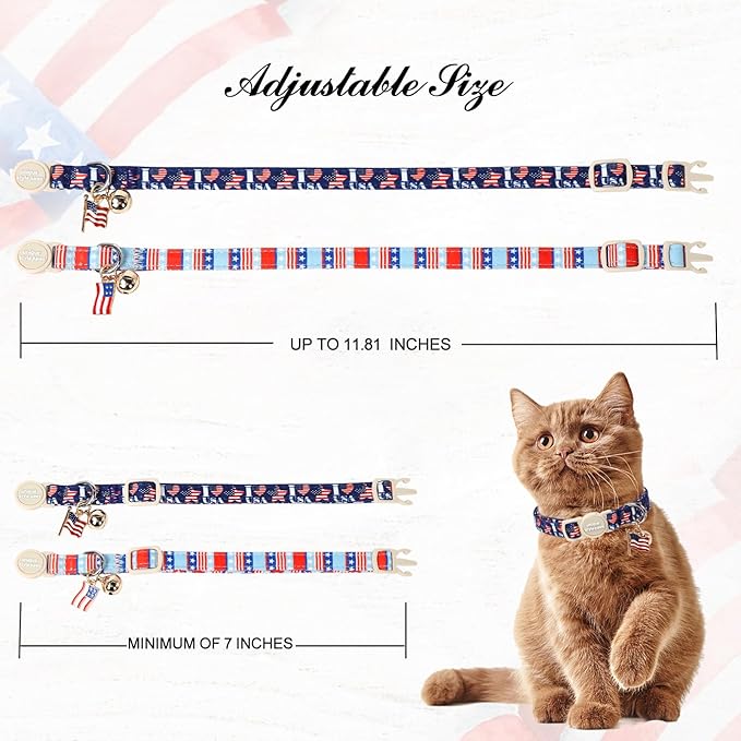 Unique Style Paws 4th of July Cat Collar,Cute Cat Collars with Love USA Pattern,Patriotic Kitten Collar with Breakaway Buckle,Ideal Gift for Boy Girl Cats