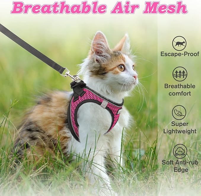 Cat Harness and Leash for Walking Escape Proof, Adjustable Kitten Vest Harness Reflective Soft Mesh Puppy Harness for Outdoor, Comfort Fit, Easy to Control (Pink, M)