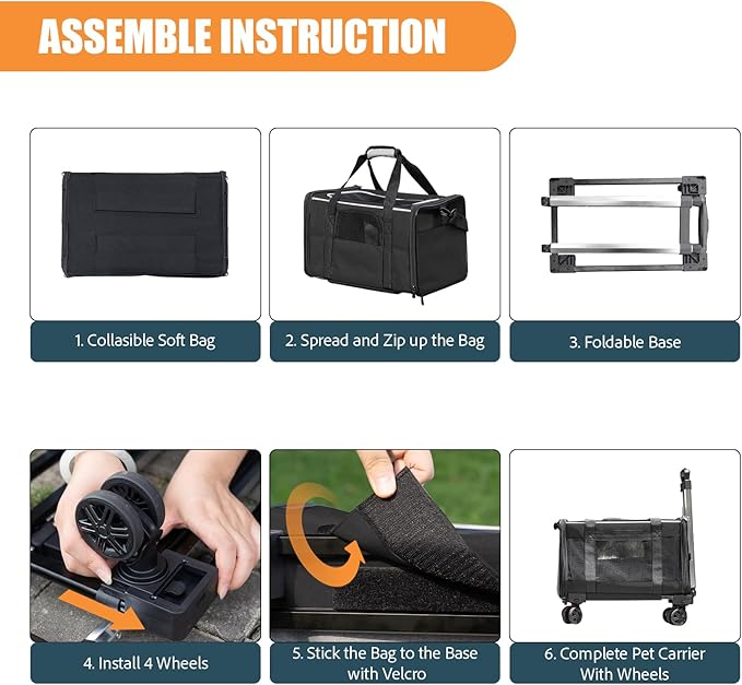 Pet Carrier with Wheels - Soft-Side Wheeled Cat Carrier for Dogs with Telescopic Handle, Collapsible Rolling Pet Travel Bag Carrier for Large Cats Small Medium Dogs for Camping Vet Visiting Black