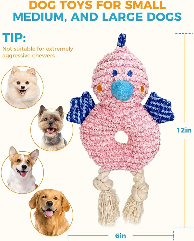 Crinkle Squeaky Dog Toys for Medium Dogs, Durable Plush Chew Toys for Aggressive Chewers, Interactive Tug of War Toy, Teething Gift to Keep Them Busy and Relieve Boredom (Pink Chick)