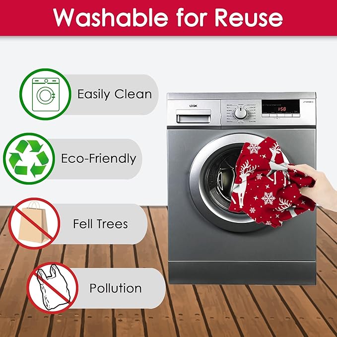 BeeGreen Christmas Reusable Grocery Bags with Zipper Storage Pouch 10 Packs Deer Reusable Shopping Bags Bulk with Elastic Band Foldable-Machine Washable Christmas Gifts Tote Bags