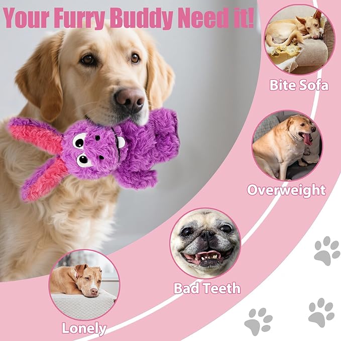 Squeaky Dog Toy Plush, Stuffed Crinkle Tug of War Dog Toy Keep Them Busy Pet Puppy Birthday Toy for Small Medium Large Dogs (Purple)