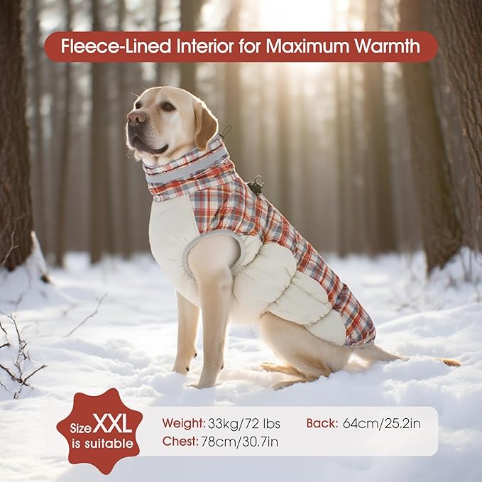 FUAMEY Dog Coat for Large Dogs,Waterproof Dog Winter Jacket with Harness Built in Puppy Cold Weather Coats Reflective Pet Vest with Zipper Warm Fleece Dogs Snowsuit Windproof Red Plaid L