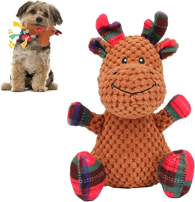 Rypet Pet Christmas Toy Dog Stuffed Squeaky Toys Puppy Durable Plush Toy Reindeer Dog Toys for Medium Small Dogs