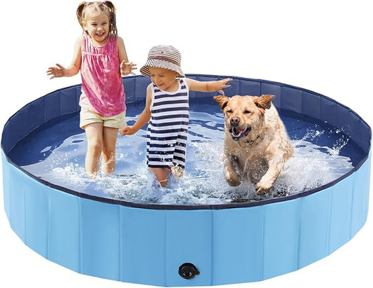 Foldable Dog Pool, Portable Pet Bath Tub and Kiddie Swimming Pool, Collapsible Bathtub for Puppies, Small, Medium and Large Dogs, Cats and Kids, 55 x 12 in, Blue