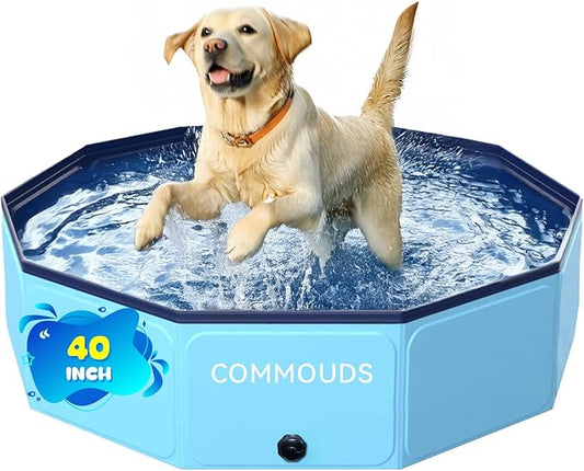 COMMOUDS Foldable Dog Pool, Collapsible Hard Plastic Dog Kiddie Swimming Pool, Portable Pet Bath Tub Wading Pools for Kids and Puppy Small Medium Large Dogs(40inch.D x 8inch.H)