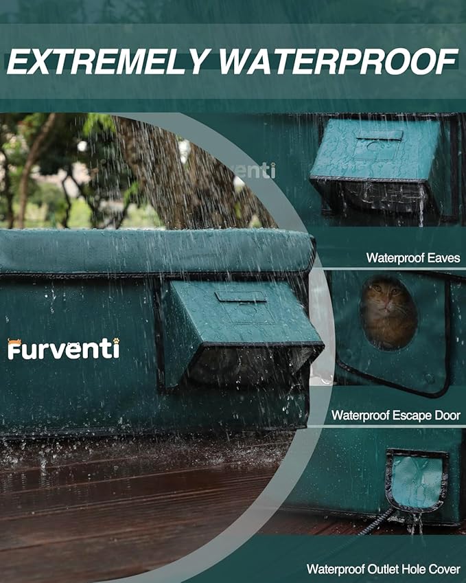 Outdoor Heated Cat House in Winter,Extremely Insulated & Weatherproof,Feral Cat Shelter with Waterproof Eaves & Escape Door for Outside Stray Barn Cat(Dark Green,16.9" x12.8"x13.4")