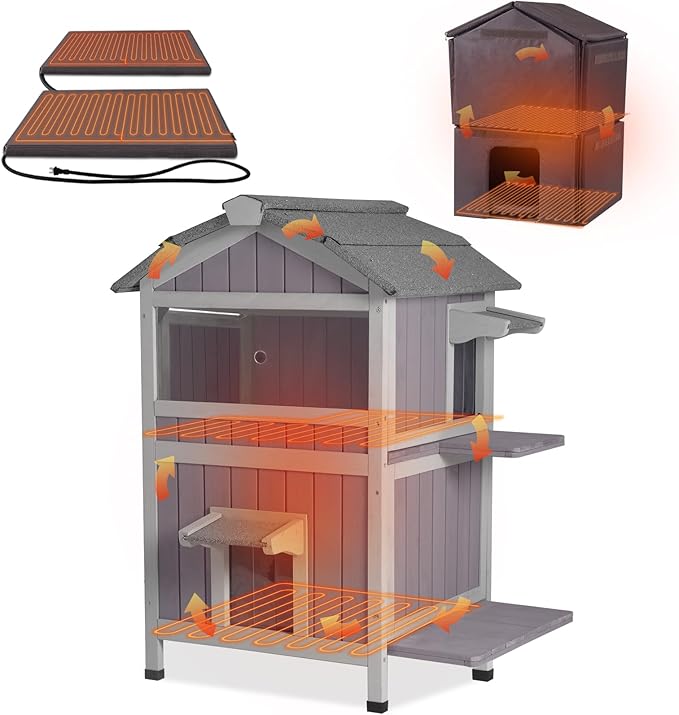 GUTINNEEN 2 Story Large Heated Cat House Outdoor Insulated Cat House Weatherproof Feral Cat Shelter with Safe Heating Pad, All-Round Thermal Liner for 1-5 Stray Barn Cats, 28.7" L x 24.2" D x 36.8" H