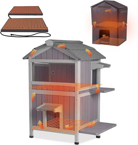 GUTINNEEN 2 Story Large Heated Cat House Outdoor Insulated Cat House Weatherproof Feral Cat Shelter with Safe Heating Pad, All-Round Thermal Liner for 1-5 Stray Barn Cats, 28.7" L x 24.2" D x 36.8" H