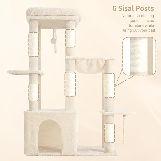 Heybly Heavy Duty Cat Tree, Tower for Indoor Cats Large Adult, Tall Cat Condo House with Extra-Large Baseboard, Multi-Level Plush Furniture with Scratching Posts, Hammock,Toy Balls, Beige HCT026M