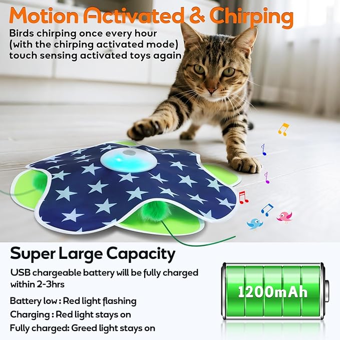 Interactive Cat Toys with Moving Feather Concealed in Mat, Rechargeable Cat Exercise Toys for Bored Cats with Motion Activated, Mouse Squeaky