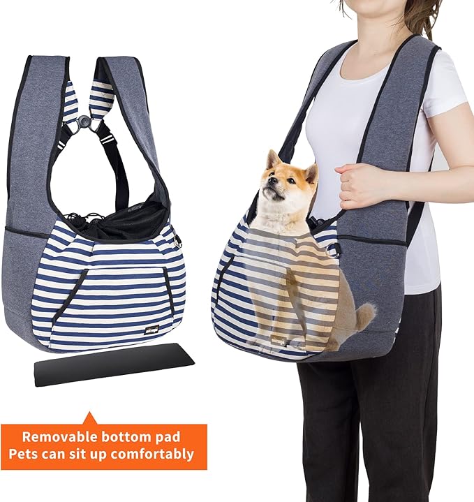 NATUYA Dog Sling Carrier Puppy Carrier, Adjustable Pet Front Sling Carrier Travel Bag with Bottom Pad, Pet Carrier for Small Dog Cat Puppy Traveling Hiking Camping (Bule Strip, 8-15 lb)