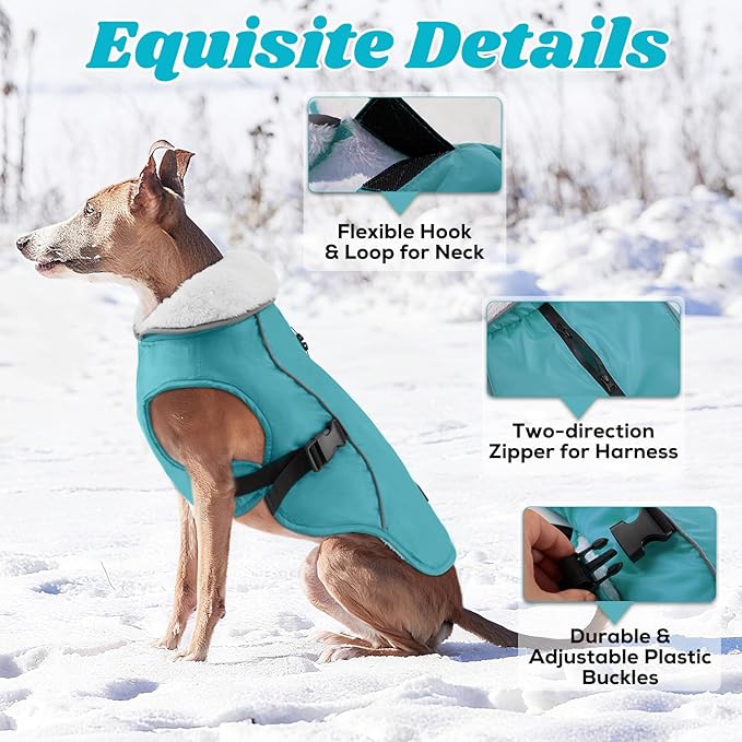 EMUST Dog Coat for Winter, Cozy Winter Jackets for Small/Medium/Large Dogs, Solid Color Dog Apparel for Cold Weather with Fleece Lining, Turquoise, XXXL