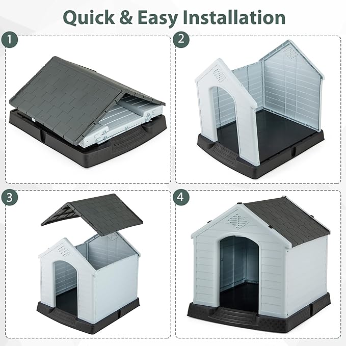 Giantex Dog House for Small Dogs, Waterproof Plastic Dog Houses with Air Vents and Elevated Floor, Easy to Assemble, Outdoor Cat Feeding Station Indoor Patio Backyard Dog Kennel House, Gray