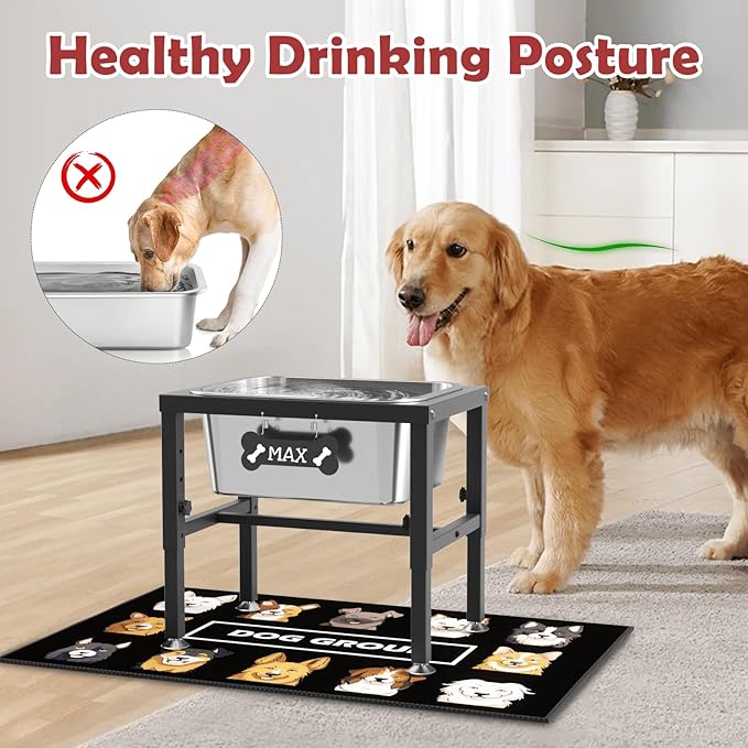 2.8 Gallon Elevated Large Dog Water Bowl, ADENGL 4-Height Adjustable (9.4–14.2'') Raised Stainless Steel Bowl, Dog Bowls Elevated with Spill-Proof Mat & Sturdy Metal Stand for Indoor/Outdoor Use