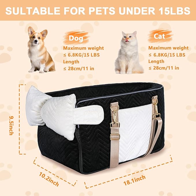 Dog Car Seat for Small Dogs, Portable Center Console Dog Car Seat, Pet Booster Seats with Safety Belt and Soft Cushion, Pet CarSeat for Dogs and Cats Under 15 lbs,Black