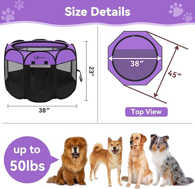 Large Dog Playpen, Puppy Pet Playpen Indoor, Dogs Tent Crates Cage Indoor/Outdoor, Portable Pop Up Dog Kennel Playpen with Carrying Case for Dogs/Cats/Rabbits, Purple