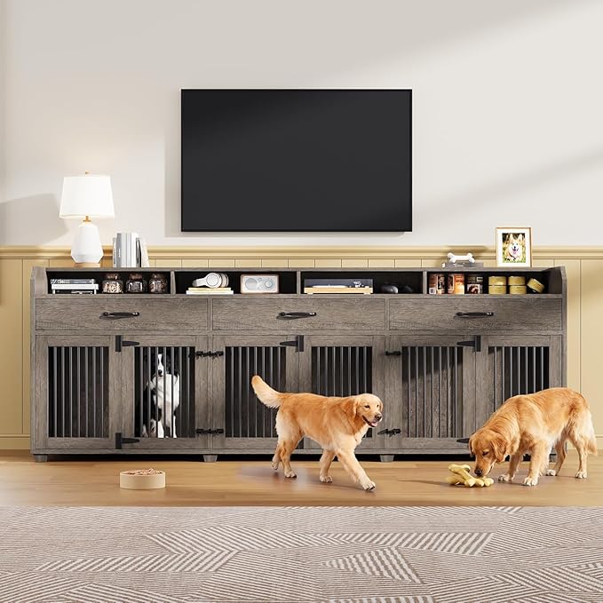 AMERLIFE 95" Large Dog Crate Furniture with Storage, 3-Room Indoor Wooden Dog Kennel for Large/Medium Dogs, TV Stand & Sideboard with Drawers & Removable Divider, Grey