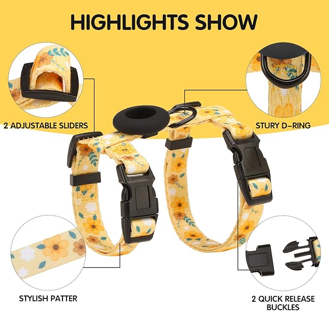 BINGPET Cat Harness and Leash Set Escape Proof for Walking,Adjustable Kitten Harness with Airtag Holder for Small Medium Large Cats (Yellow Flower Print,Neck:8"-12",Chest:12.5"-18")